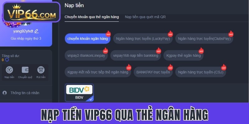 Nạp tiền Vip66 qua thẻ ngân hàng